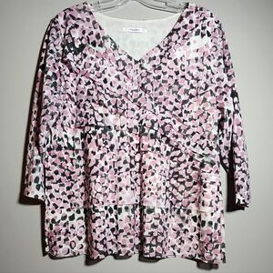 TanJay Pink & Black Tiered V-Neck Blouse | No Size Tag (Fits L/XL)